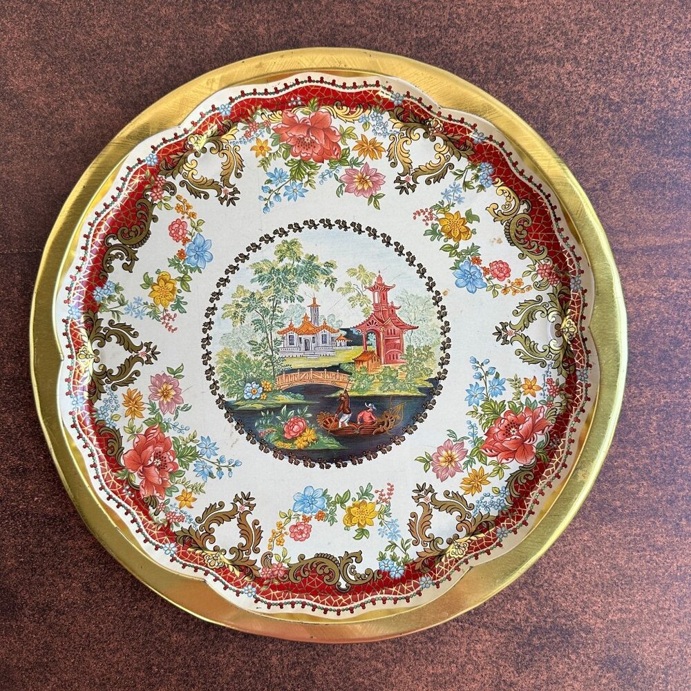 Vintage Daher Decorated Ware Tin Tray 16.25" Round Floral & Asian Scene England